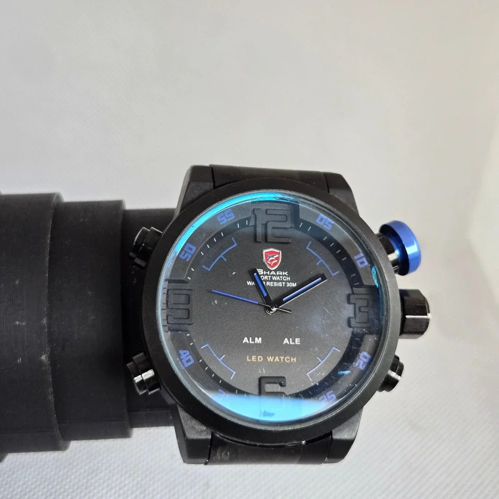 Shark Sport Watch Mens Black Dual Display Analog Digital Blue Crown 5.5in Tested